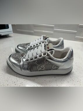 Gucci Silver Metallic Crystal-Embellished Screener Sneakers